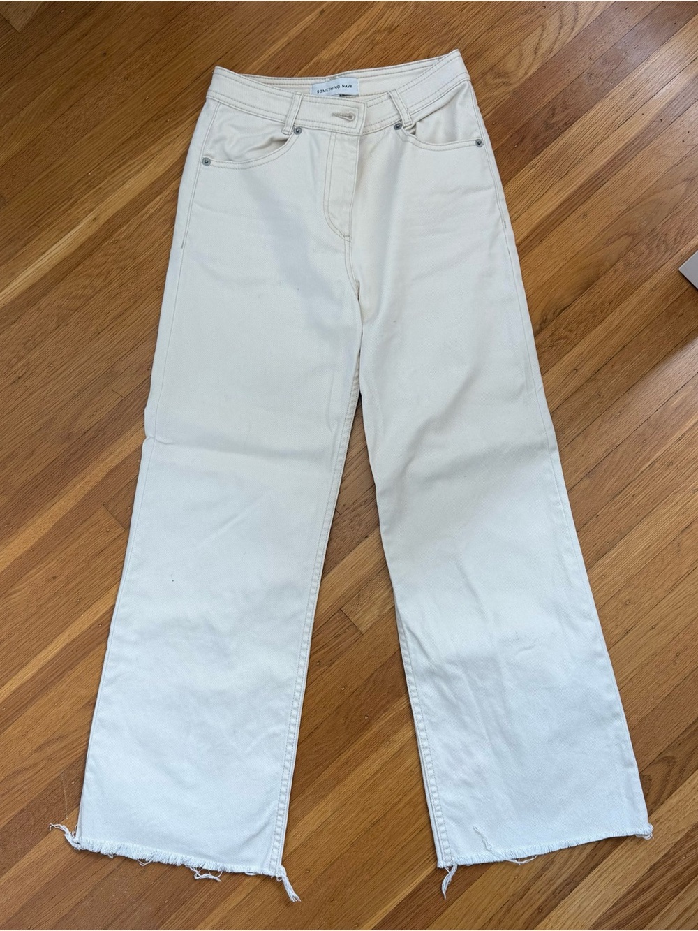 Something Navy High-Rise Cropped Fit and Flare Cream Jeans